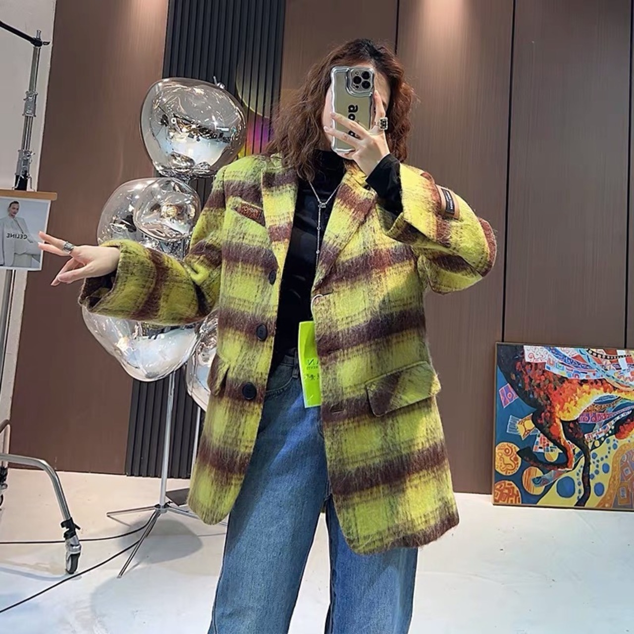 ジャケット ピンク 黄色 ツイード チェック コート カーキ ブルゾン 