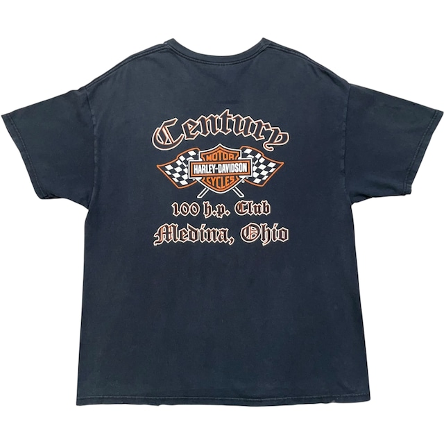 《XL》Hanes ヘインズ Tシャツ Harley-Davidson ハーレーダビッドソン ロゴプリント チェッカーフラッグ 両面プリント ブラック no.8567