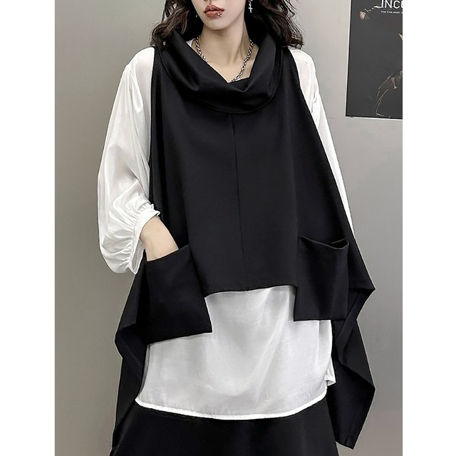 BLACK OFF-NECK A-LINE DESIGN VEST & ROUND NECK PUFF SLEEVES INNER TOP 3colors M-6686