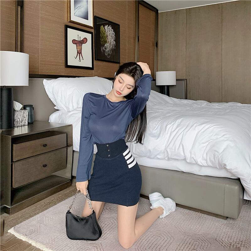 ウエストストライププリントブルースカートレディース秋タイトフィットヒップショートキュロット2020新作Aラインスカート ブラックストロベリース49039119753