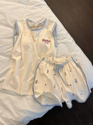 ノースリーブとくま柄ショートパンツの上下 アイボリー【SR106】