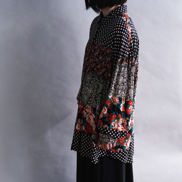 flower and dot crazy pattern l/s rayon shirt