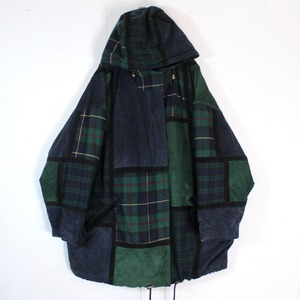 【Caka act2】Black Watch × Tartan × Suede Leather Swiching Design Loose Half Coat