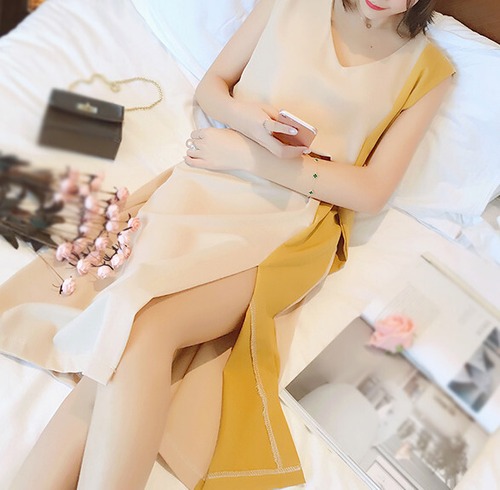 Vネック スリット バイカラー おしゃれ きれいめ セクシー ノースリーブ ベルト ワンピース4180353