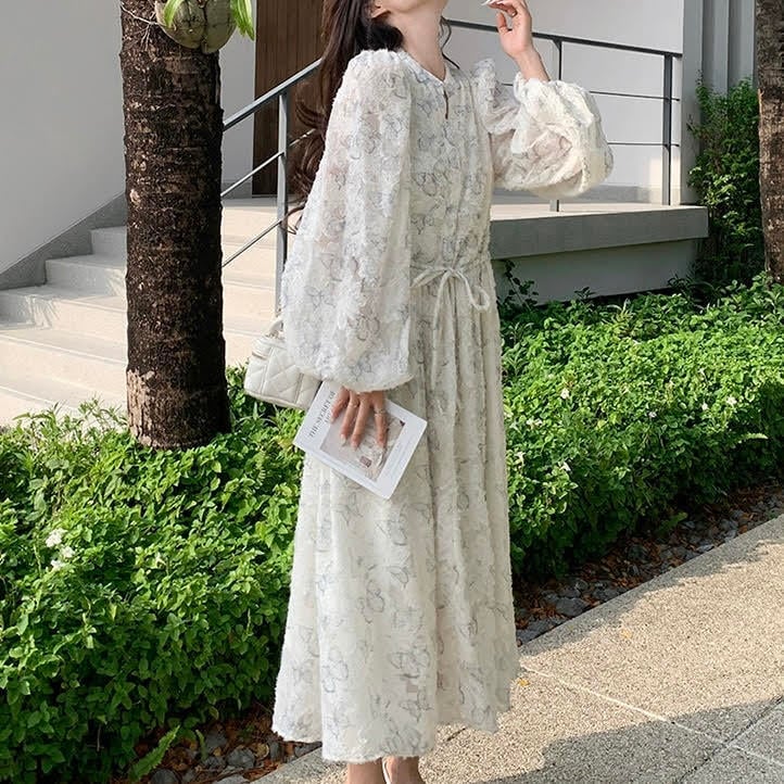 レディース ワンピース 長袖 ランタンスリーブ ロング丈 バタフライ 蝶 プリント Aライン ウエストリボン ルーズ きれいめ 上品 おしゃれ お洒落 シンプル カジュアル 大人可愛い レディース ワンピース 長袖 ランタンスリーブ ロング丈 バタフライ 蝶