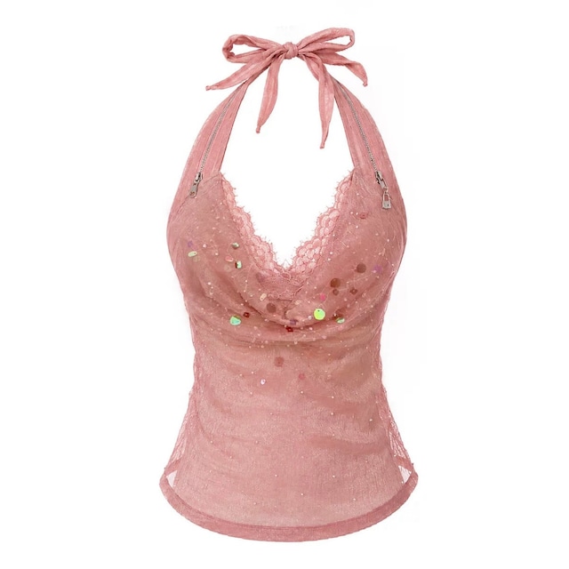 [OPEN AESTHETIC] Sparkling Lace Neck Tank Top