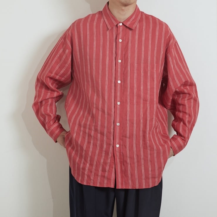 トップス Kics Document LINEN STRIPE BIG SH LINEN STRIPE BIG SH / リネンストライプBIGシャツ(RED) | KICS