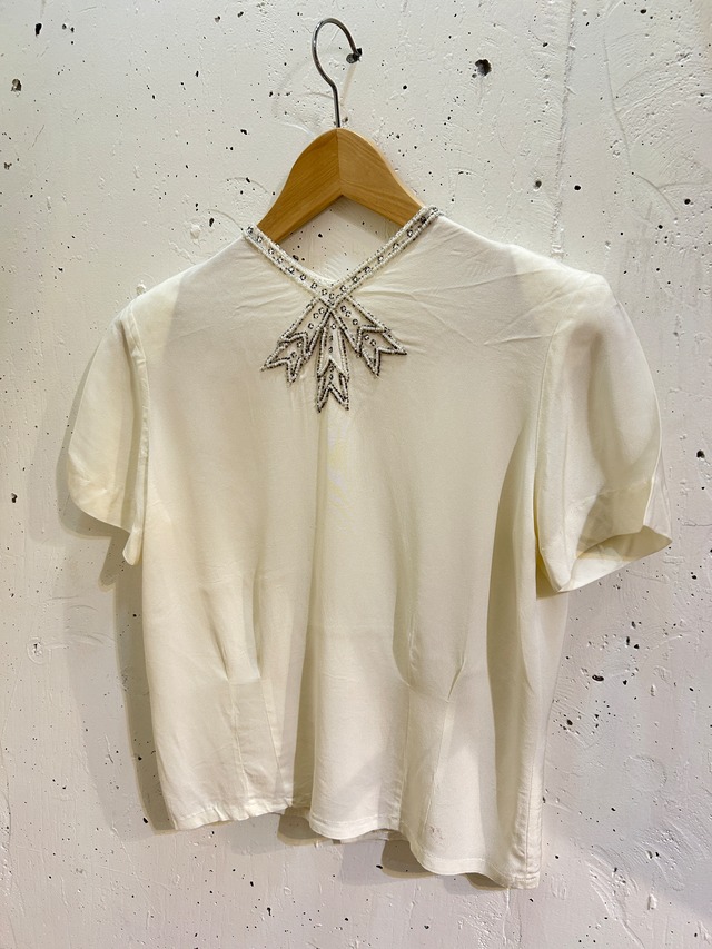 50’s "claret" white rhinestone  rayon blouse