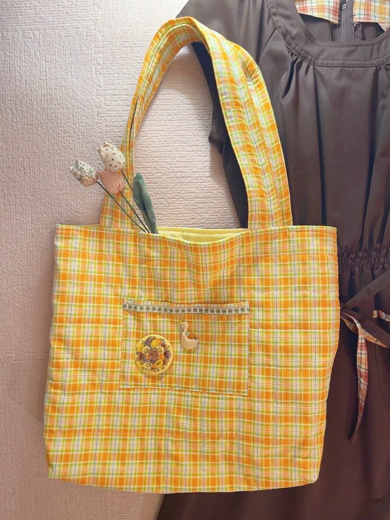 original / yellow check quilting tote bag