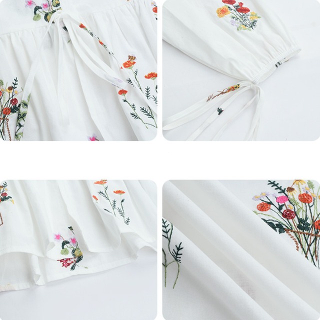 floral embroidered v-neck ribbon blouse　J00531