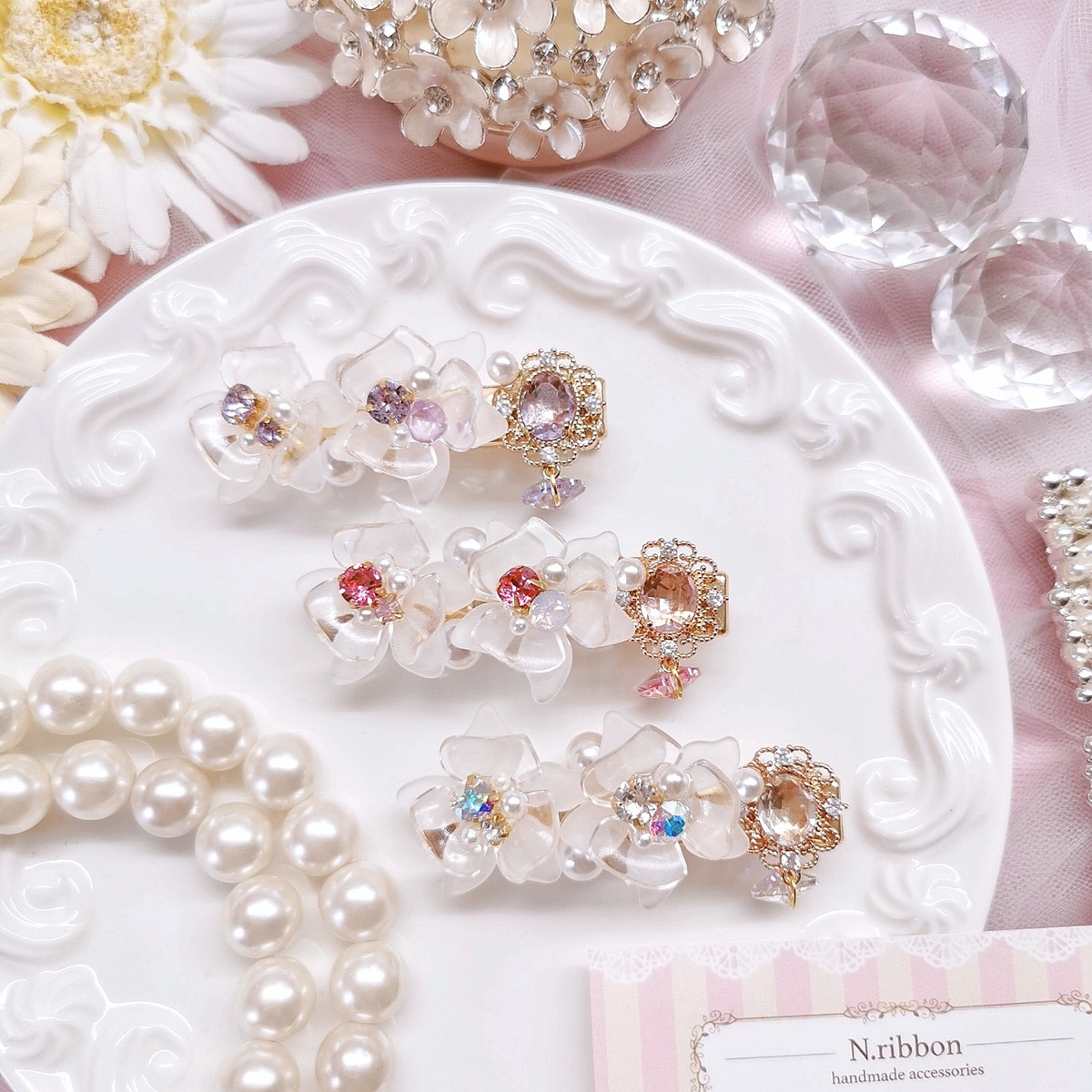 クリスタルフラワー&スワロフスキービジュー》 バレッタ/ヘアクリップ 
