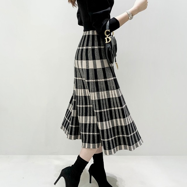 【S~XL,4color】チェック柄 フレア ロングスカート a040