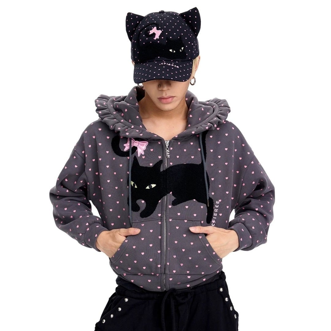 CFIERCE ユニセックス 猫耳×ドット キャップ Y2K 猫柄 ホワイト