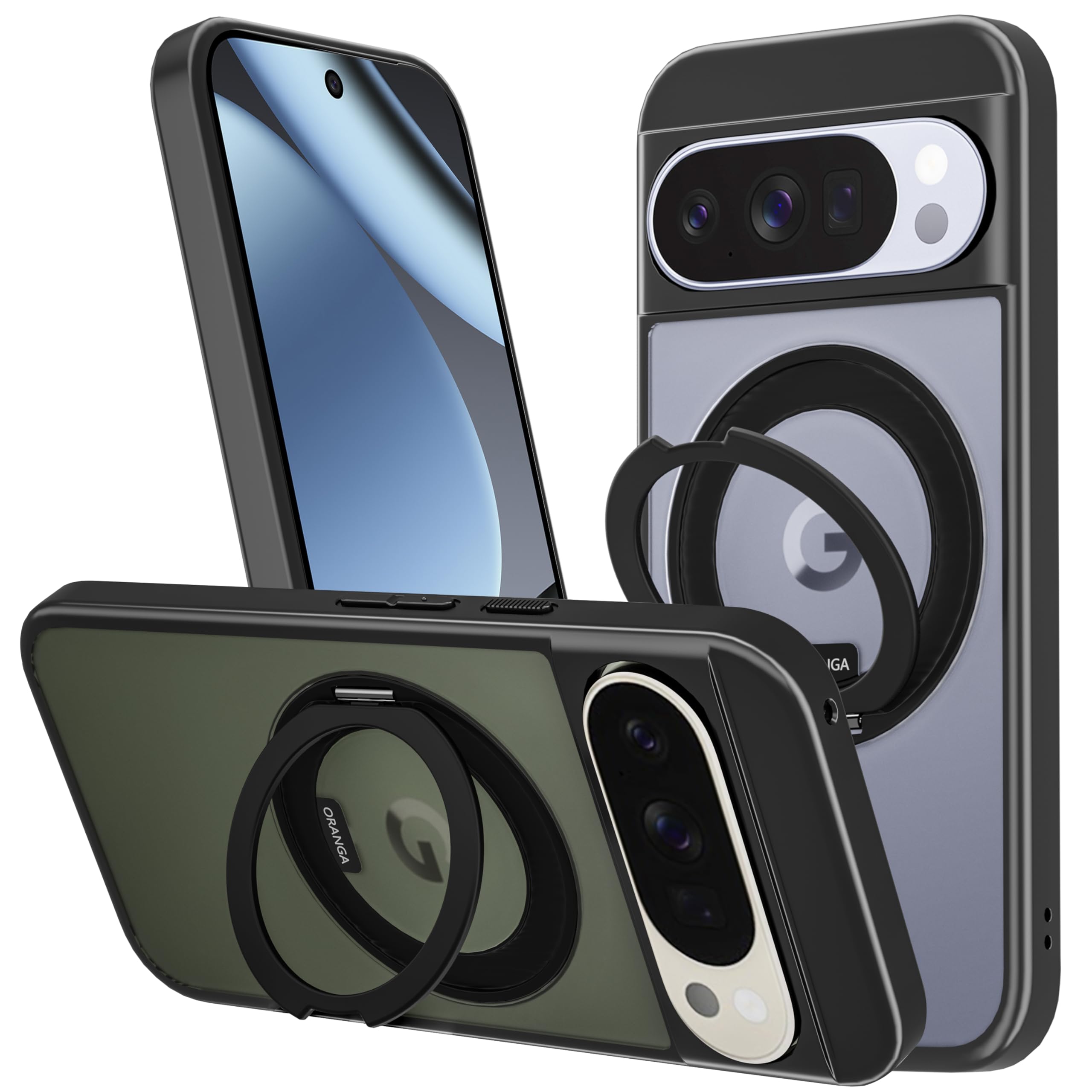 ORANGA Google Pixel 10 Pro XL 用ケース 【360度回転できるスタンド】 多機能一体 縦横両対応 ストラップホール付き MagSafe対応 マグネット搭載 指紋防止 米軍MIL規格耐衝撃 マット感 半透明 ピクセル10Pro XL カバー ブラック