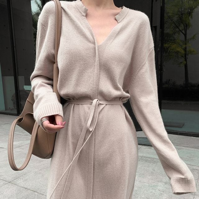 【予約販売】ニットワンピース レディース Vネック ウエストリボン ウエストマーク 細見え ブラウン ベージュ お呼ばれ きれいめ 秋冬 ワンピ 大人可愛い エレガント おしゃれ こなれ感 韓国 S/M/L/XL
