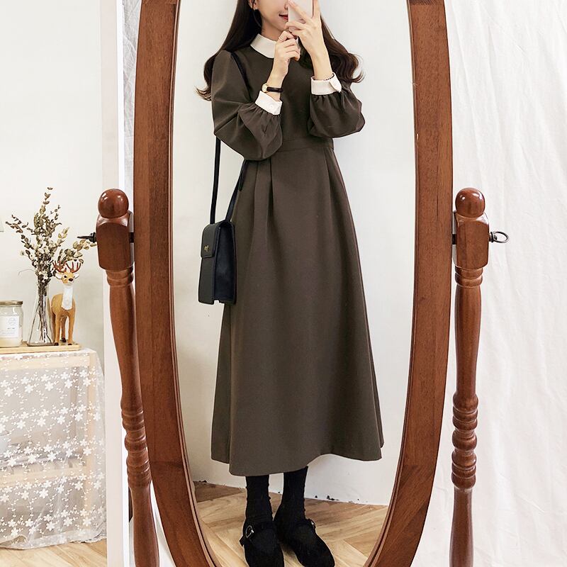 【着用レビュー】ワンピース レディース ドッキングワンピース ロング ロング丈 長袖 襟付き かわいい 大人可愛い きれいめ 上品 清楚 フェミニン おしゃれ お洒落 綺麗 お嬢様 ナチュラル こなれ感 ラブリー キュート ガーリー レトロ ロマンチック 抜け感 主役級 存在感 無地 S M L XL ブラウン 茶色 ブルー 青 学生 通学 デート お出かけ 女子会 春 秋 10代 20代 30代 お呼ばれ 演奏会 パーティー 韓国 韓国系 着回し 普段使い 体型カバー ファッション モテ インスタ