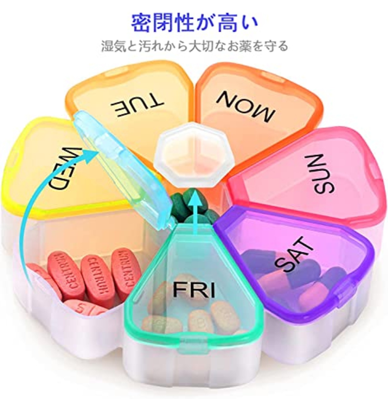 Suu ピルケース 薬ケース サプリメント収納ケース 薬入れ 小分け 1週間分 飲み忘れ防止 コンパクト持ち運び便利 手軽に開閉可能 抗菌防湿 週間薬箱 薬整理 BPA-Free(虹色)
