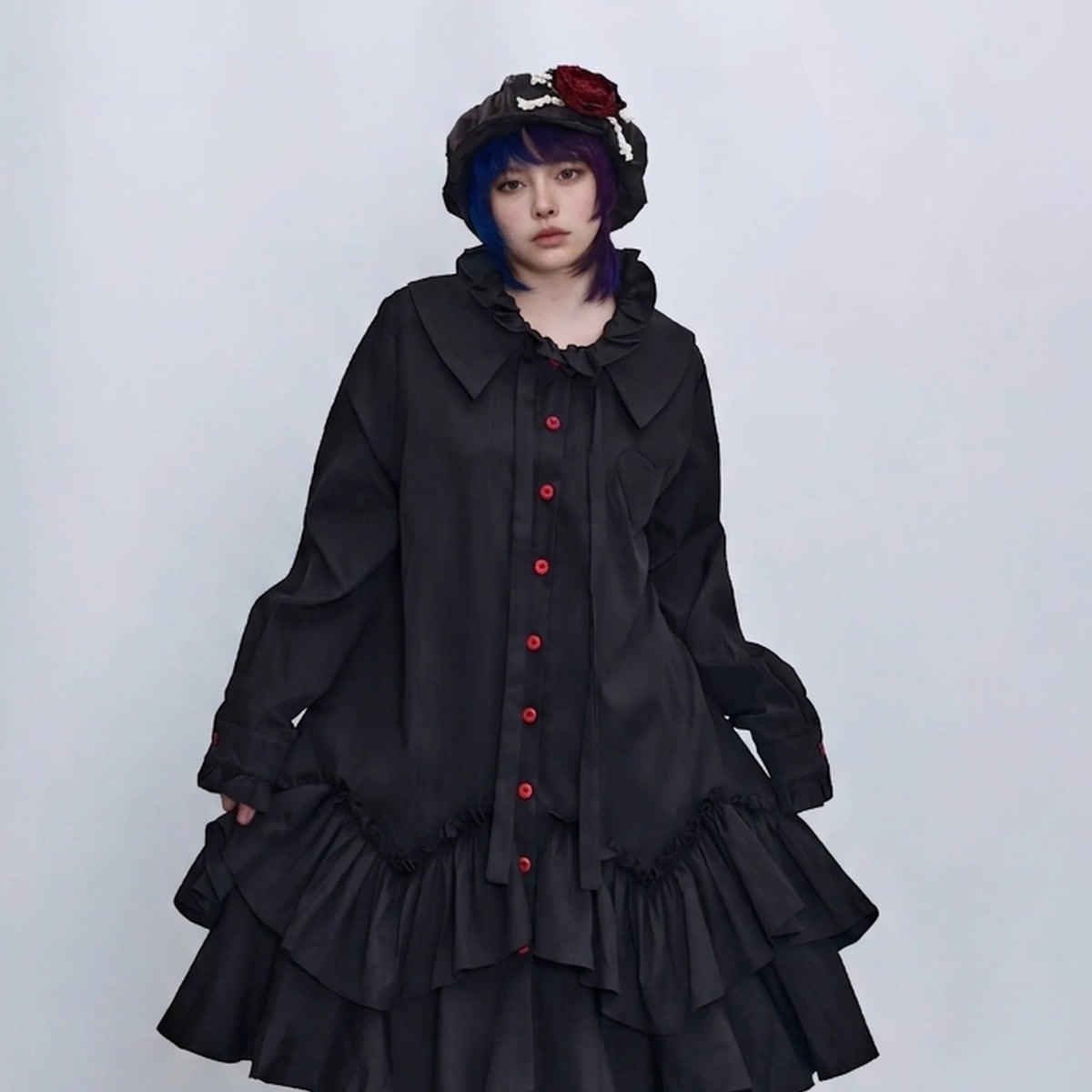 レッドボタン フリルカラー ティアードヘム ロングシャツ 1color BL0627