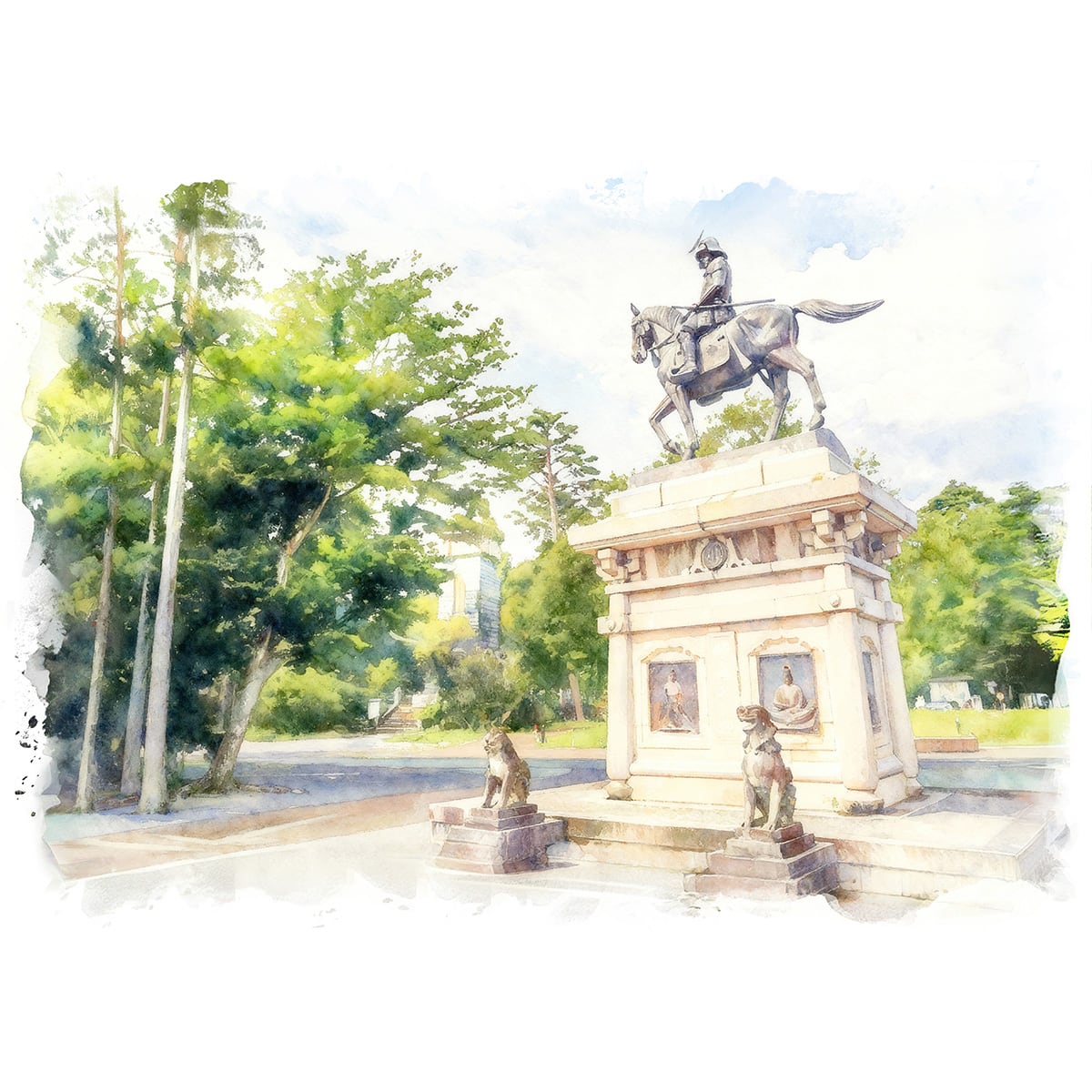 絵画(風景画) 日本 宮城県 仙台 青葉山公園の伊達政宗騎馬像