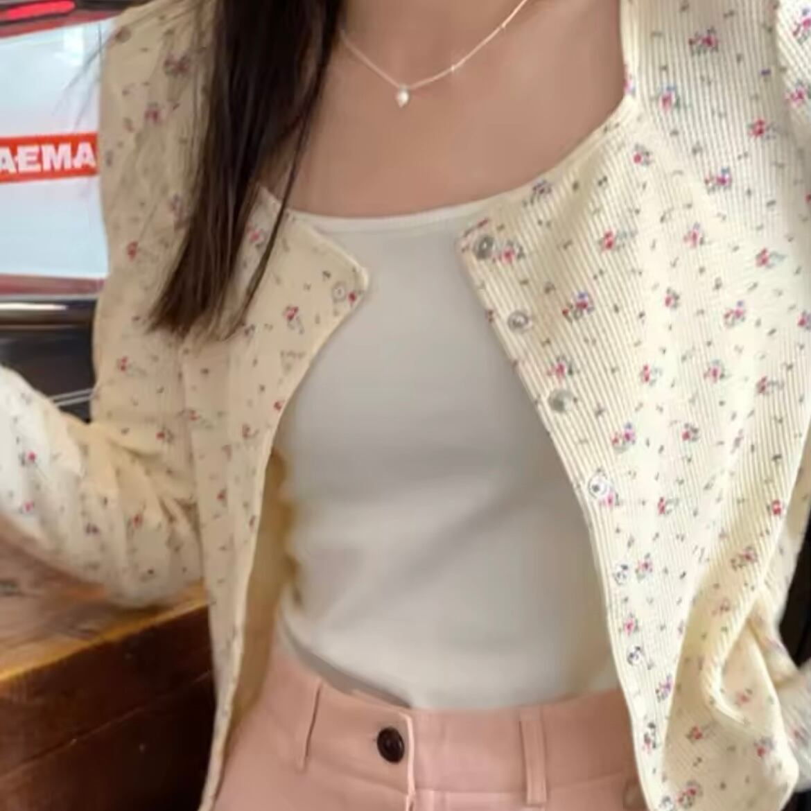 スクエアネックフローラルワッフルカーディガン