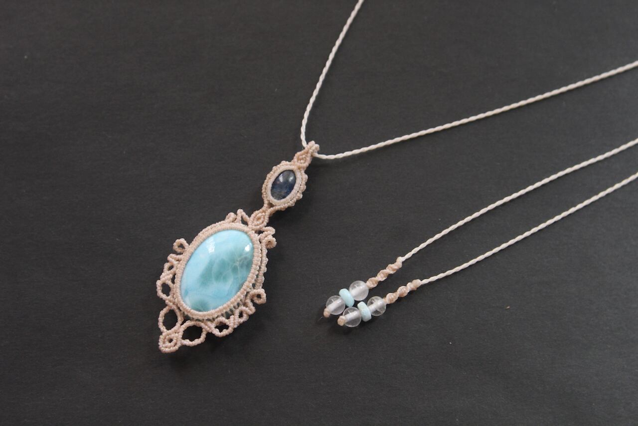 Larimar & Kyanite micro macrame pendant
