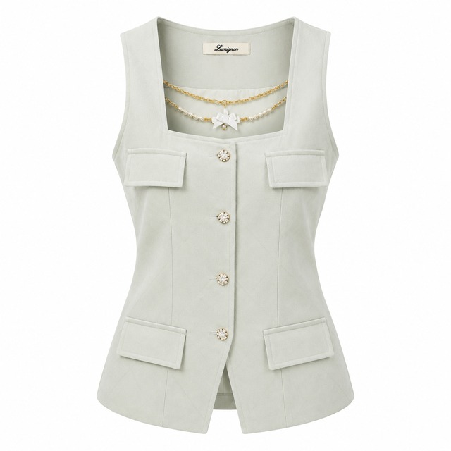Lumignon original ♥Pearl ribbon chain quilting gilet【ミントグリーン】