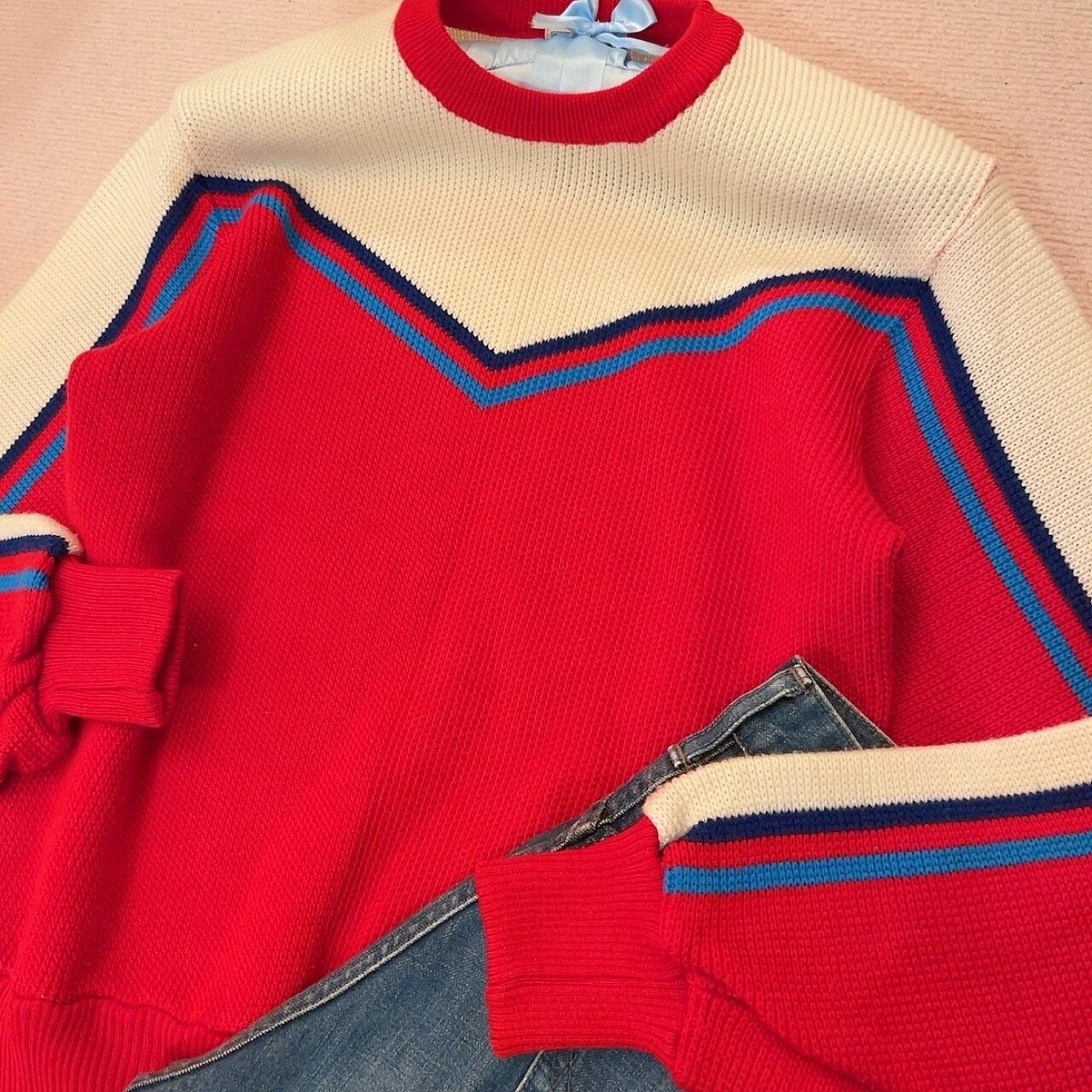red white line jersey knit po