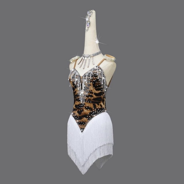 レオパードグリッター×ホワイトフリンジ ラテンドレス ds0762