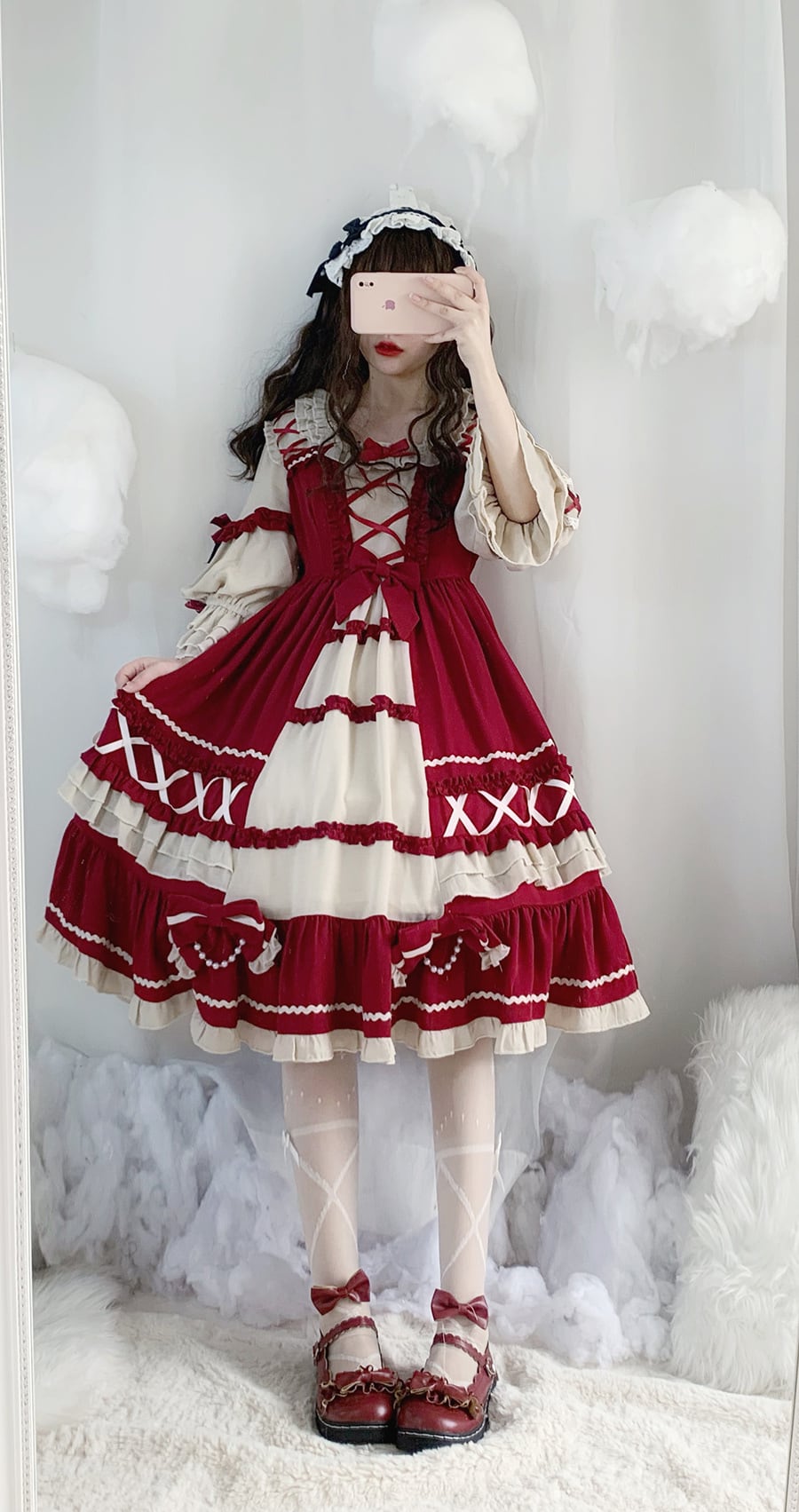 ロリータ】ボリュームドレス フリル編み上げリボン ワンピース