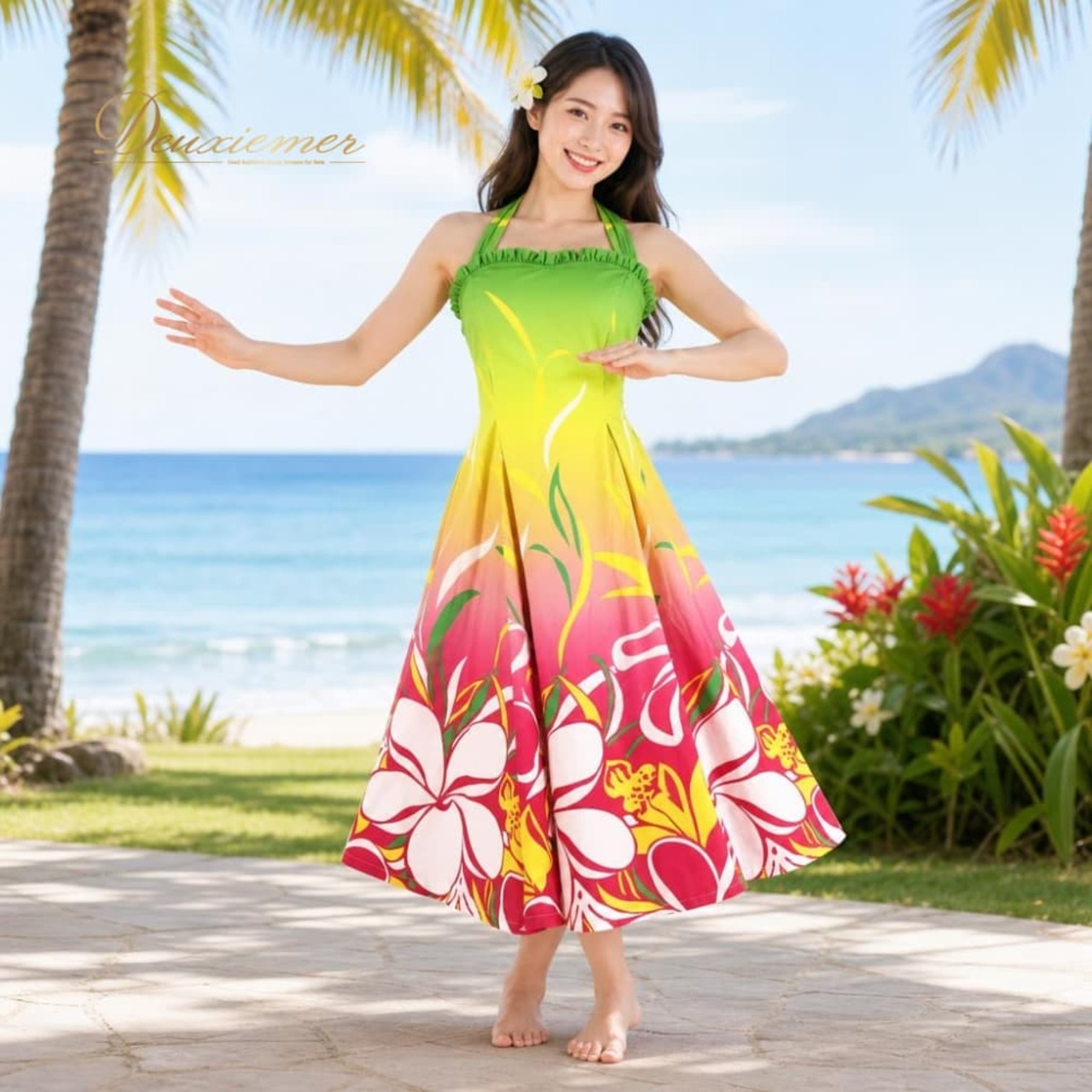 フラダンス 衣装 ALOHA STANDARDS アロハスタンダード ワンピース ドレス グリーン系 プルメリア柄 ハワイアンプリント 花柄 植物柄 ハワイアン アロハ フラ ダンス レッスン 練習 黄緑 緑 黄 ピンク 白 イエロー系 ピンク系 ホワイト系 ハワイアンダンス リボン フリル 華やか 鮮やか かわいい おしゃれ
