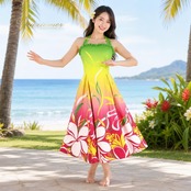 フラダンス 衣装 ALOHA STANDARDS アロハスタンダード ワンピース ドレス グリーン系 プルメリア柄 ハワイアンプリント 花柄 植物柄 ハワイアン アロハ フラ ダンス レッスン 練習 黄緑 緑 黄 ピンク 白 イエロー系 ピンク系 ホワイト系 ハワイアンダンス リボン フリル 華やか 鮮やか かわいい おしゃれ
