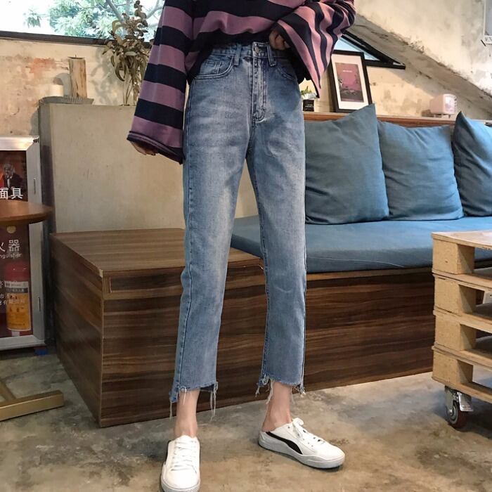 ハイウエストスリムストレートレッグジーンズレディース2020の夏の新バージョン、ルーズでリッピングされたローエッジの9ポイントワイドレッグパンツ 1号婦人19543298175