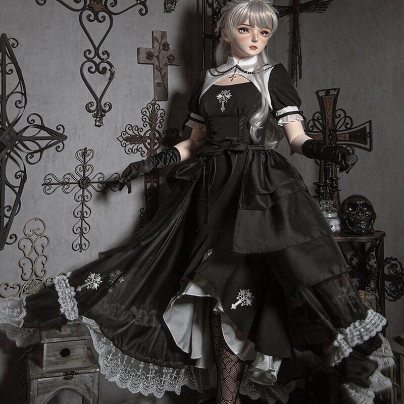 サブカル 服 地雷系 通販 ロリータ クラロリ ワンピ ラップスカート ツーピース ロング丈 レトロ フリル レース 十字架 豪華 高見えコンカフェ