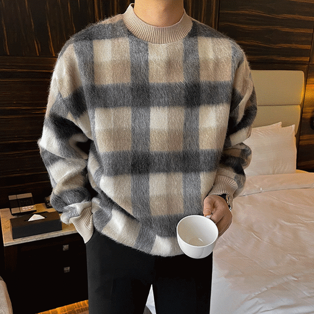 チェック柄 モヘア ラウンドネック セーター ニットトップス セーター メンズファッション 韓国