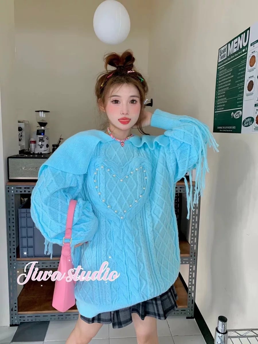 セーター ニット 水色 ハート ワンピース セーター ピンク 緑 ニット