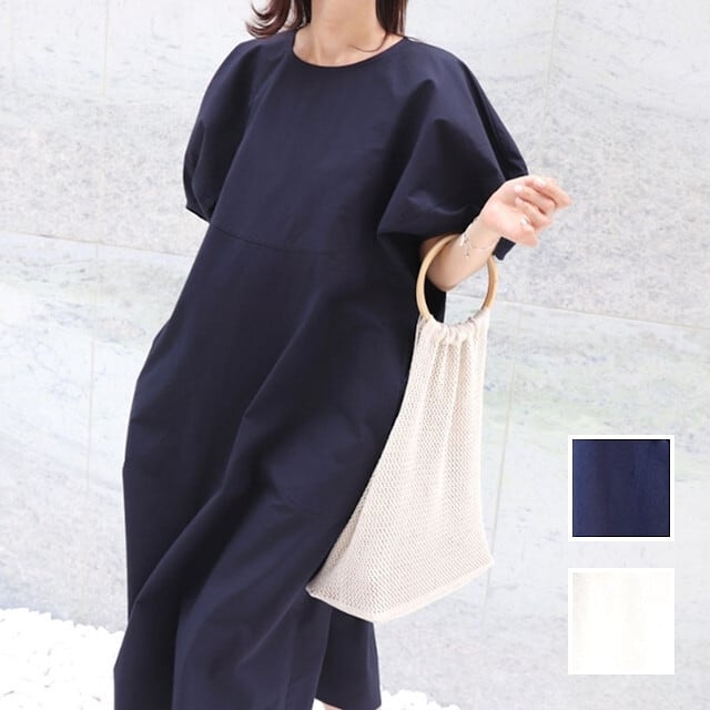 カジュアルワンピース 袖コンシャス ゆったり 体型カバー ラフ バルーンスリーブ風 オフホワイト/ネイビー 無地 ロング 半袖 五分袖 オーバーショルダー ボリューム袖 ノーカラー M/L/XL/2XL