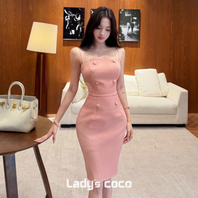 ピンク タイトドレス キャミワンピ ボタン装飾 美シルエット セクシー パーティードレス デート服  MJ2-XKDD445-2765-May0