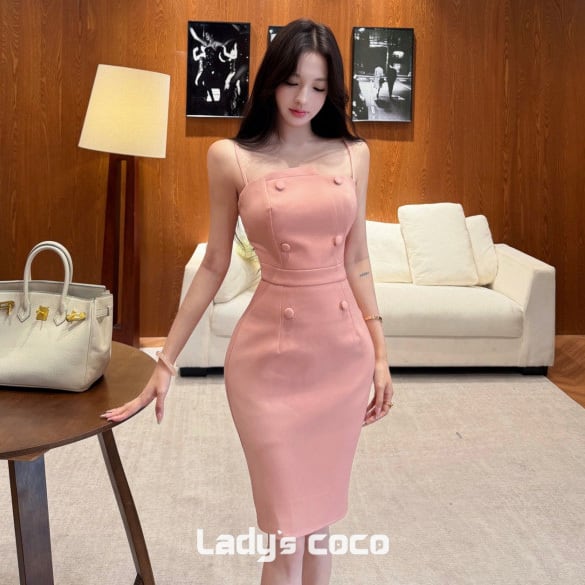 ピンク タイトドレス キャミワンピ ボタン装飾 美シルエット セクシー パーティードレス デート服 MJ2-XKDD445-2765-May0