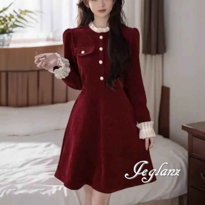 2色 バイカラー ベルベット調 ワンピース ドレス レース 光沢感(MB042)η