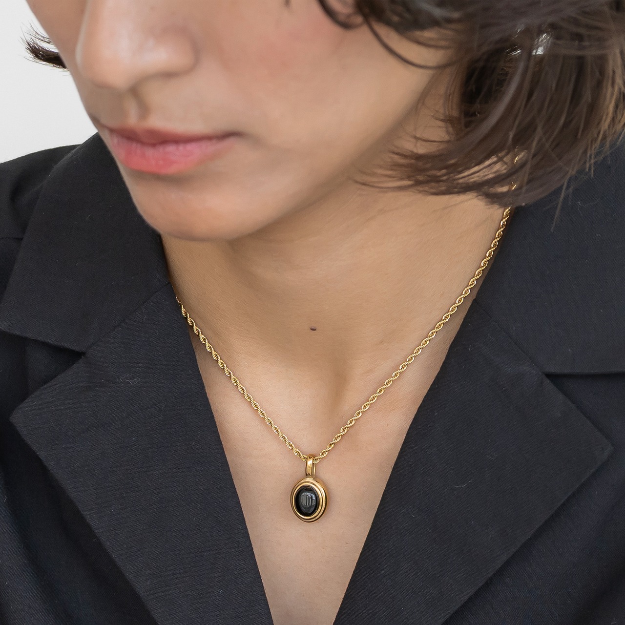 【ネコポス便】ネックレス 天然石ツイストロープペンダントネックレス 金属アレルギー対応 サージカルステンレス 華奢 レディース キャッツアイ ブラックオニキス パワーストーン 2170