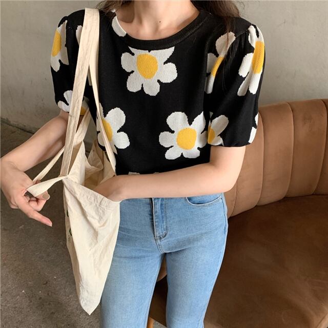 花柄 薄手ニット 半袖 ニット トップス Tシャツ デイジー マーガレット 