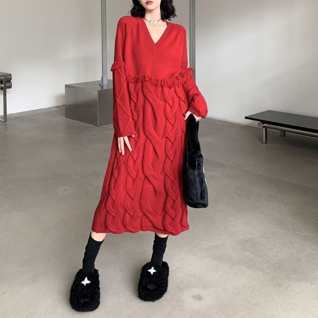 SOLID V-NECK MIDI PULLOVER KNIT DRESS 3colors M-15303