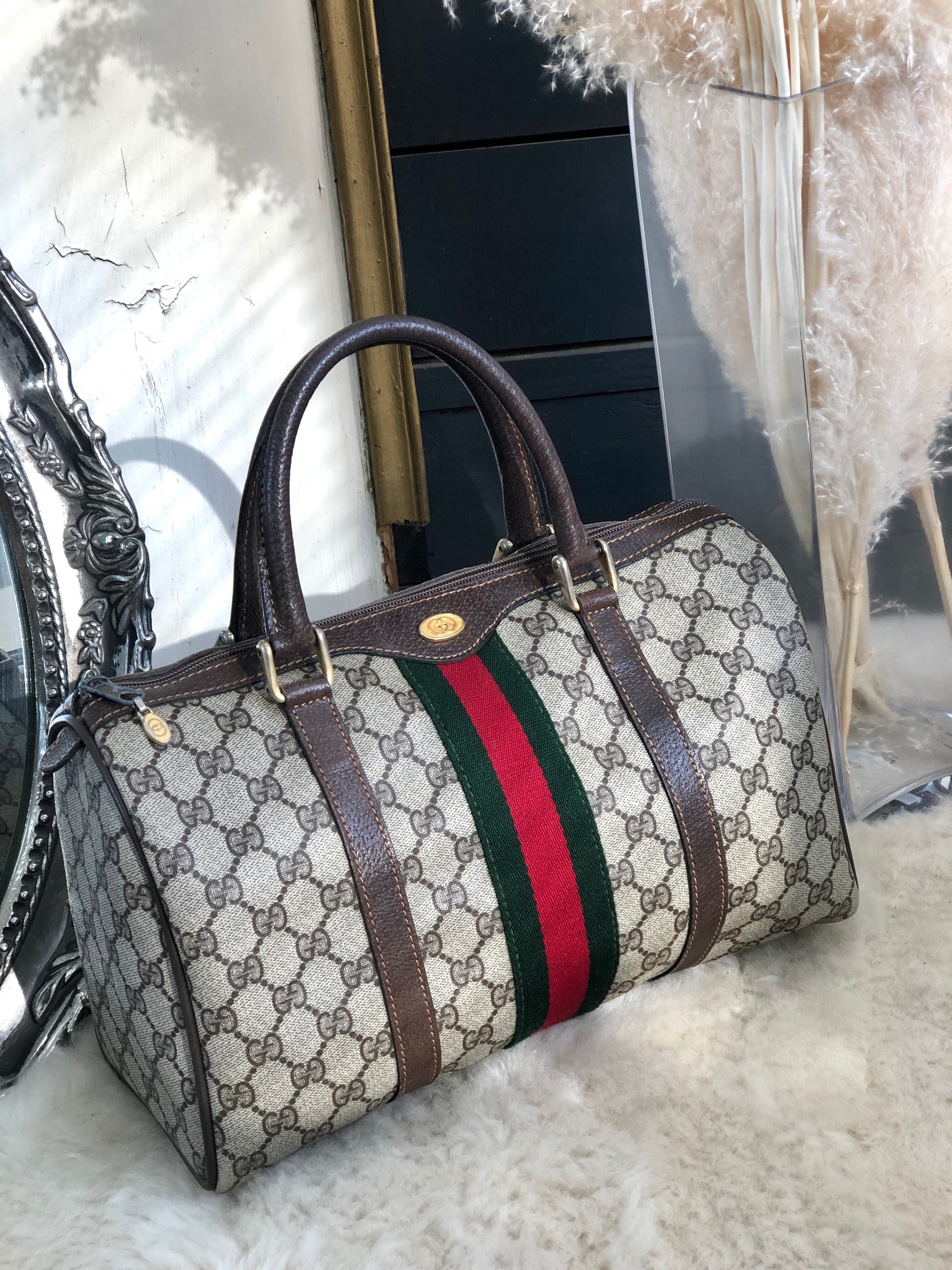 GUCCI グッチ シェリーライン PVC×レザー ミニボストン ハンドバッグ