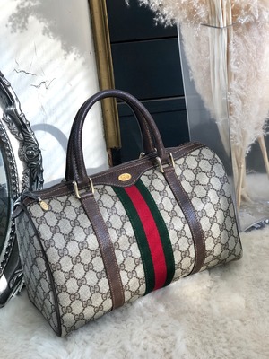 GUCCI　グッチ　シェリーライン　PVC×レザー　ミニボストン　ハンドバッグ　ベージュ×グリーン　vintage　ヴィンテージ　オールドグッチ　dwviem