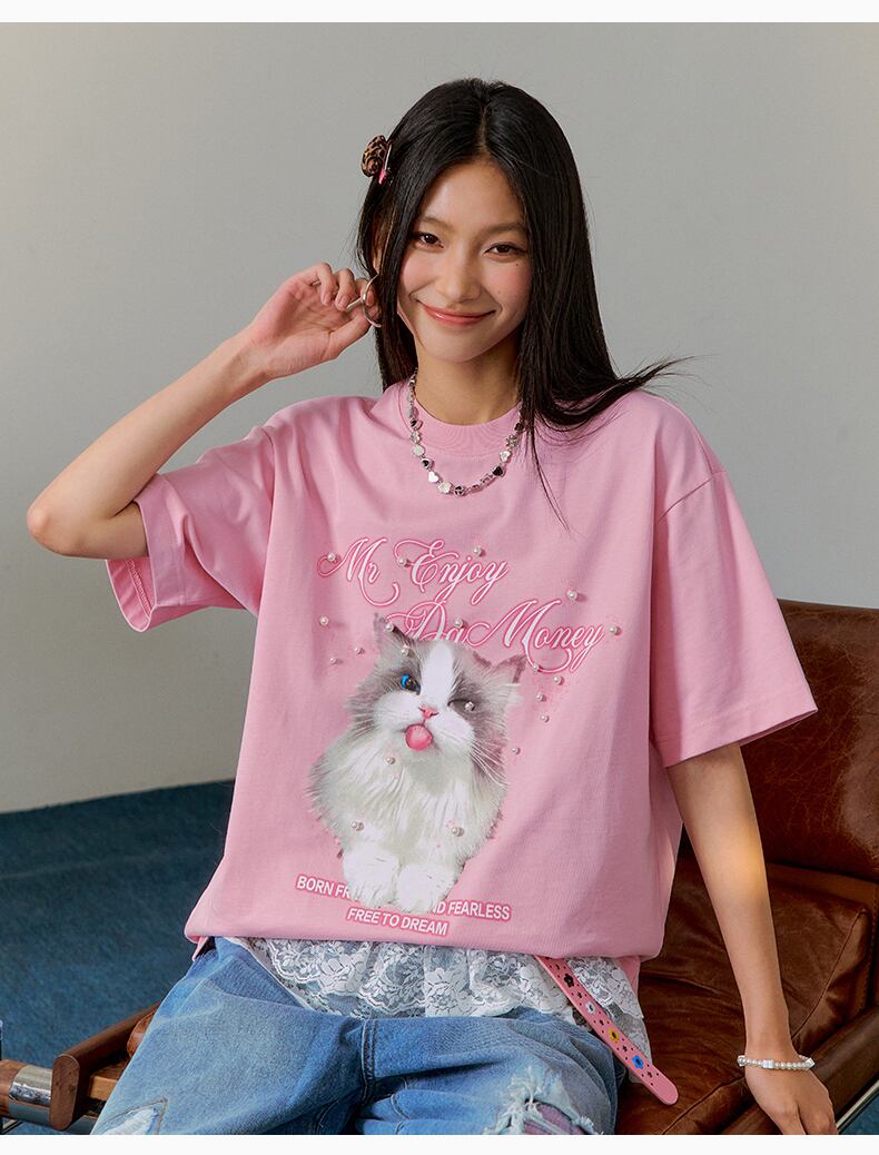 MEDM x NEWMASUS プリント Tシャツ 半袖 トップス おしゃれ 新作 MEDM 猫柄 Tシャツ 半袖 トップス クルーネック プリントTシャツ
