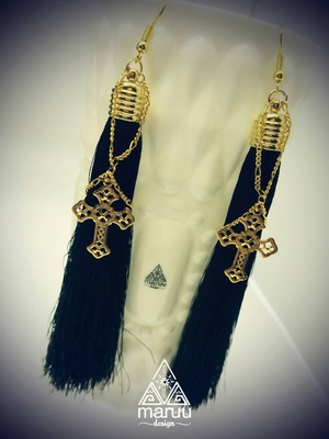 Cross Long Tassel Earrings BLACK