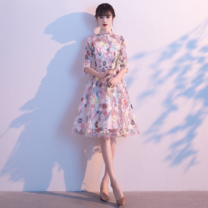晴空蓝衣シリーズ チャイナドレス 成人式 刺繍ワンピース チャイナ服 花柄 スウィート S M L Ll 3l Elegant