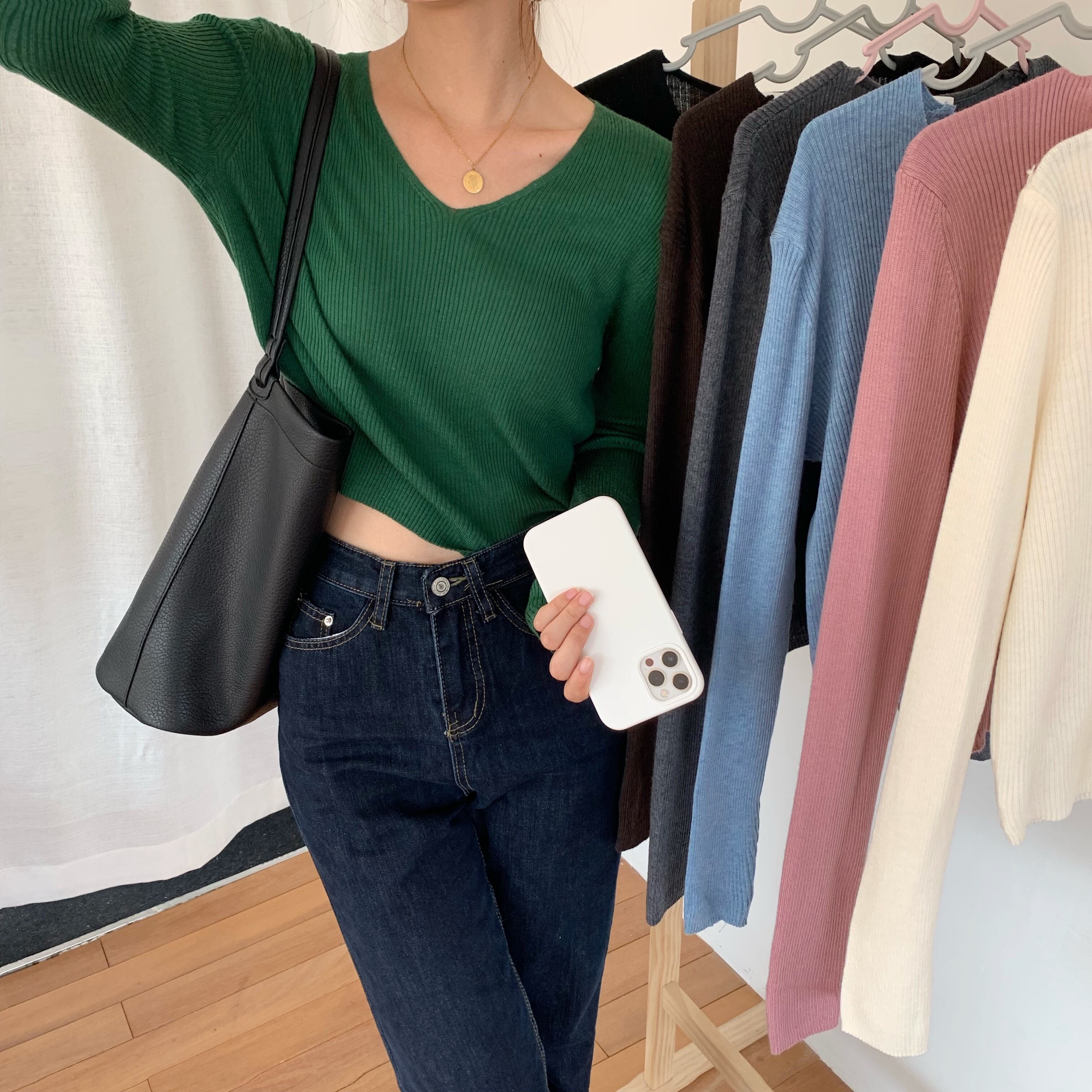 セーター オータムスリム薄手Vネック長袖スリーブカラーショートニットトップス ロング 秋物 ピュア ビッグFスモールZ韓国98783291845