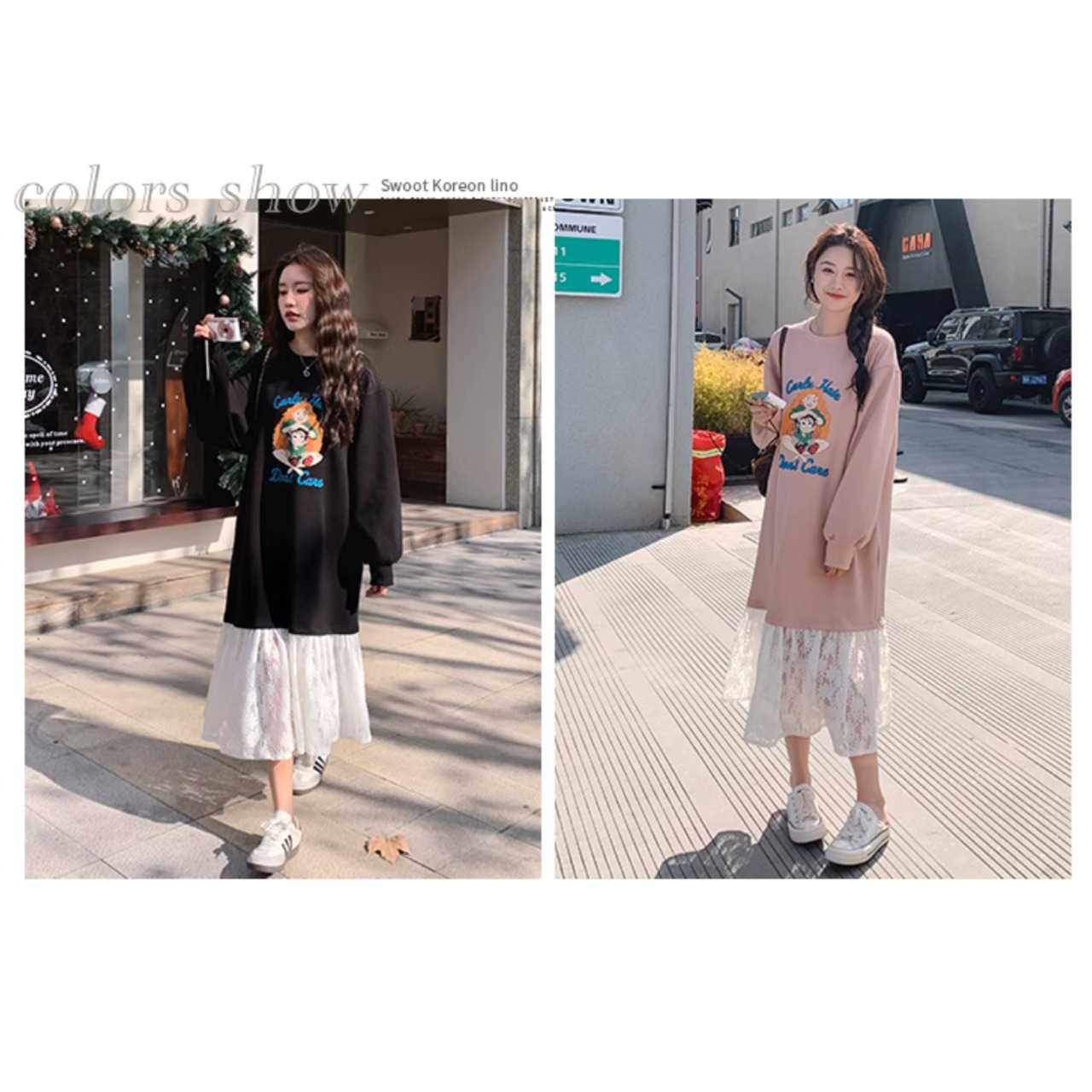 Age-Reducing Design Lace Patchwork Sweatshirt Dress 5008