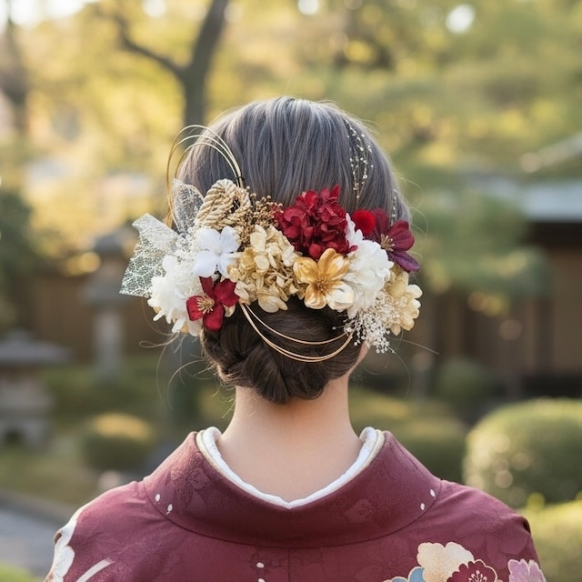 A295 赤　ドライフラワー　髪飾り　卒業式　袴　成人式　振袖　結婚式　和装